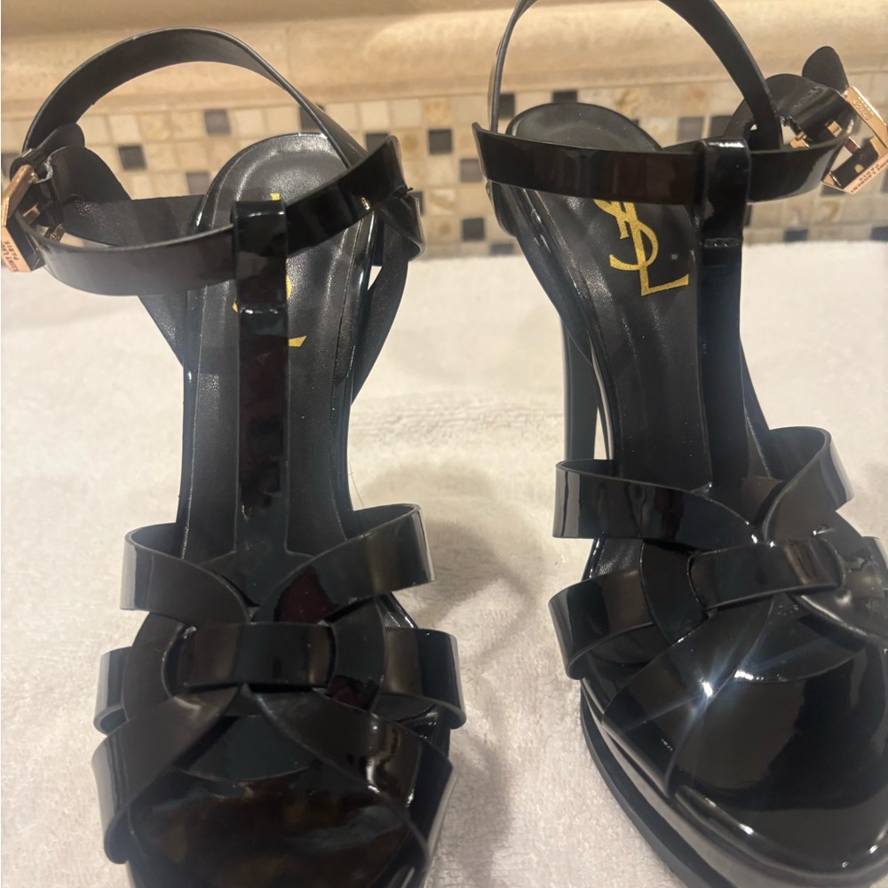 Yves Saint Laurent Glossy Black Strappy Heels